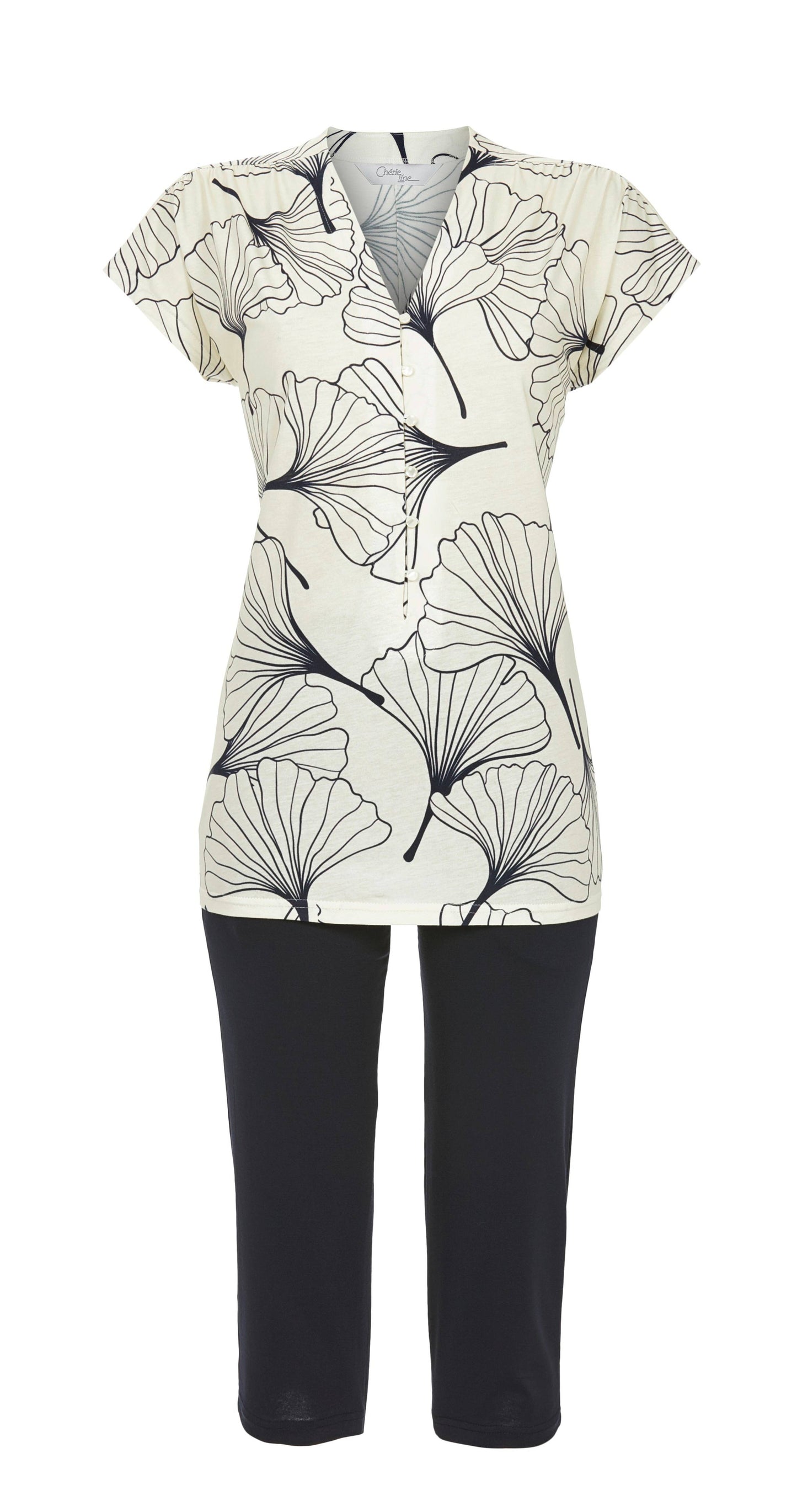 Cherie Line Pyjama met Capri broek - 6271204 - Champagne met blauw bladmotief