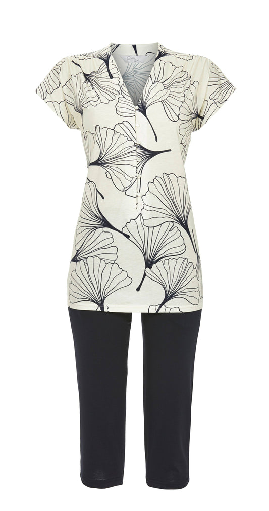 Cherie Line Pyjama met Capri broek - 6271204 - Champagne met blauw bladmotief