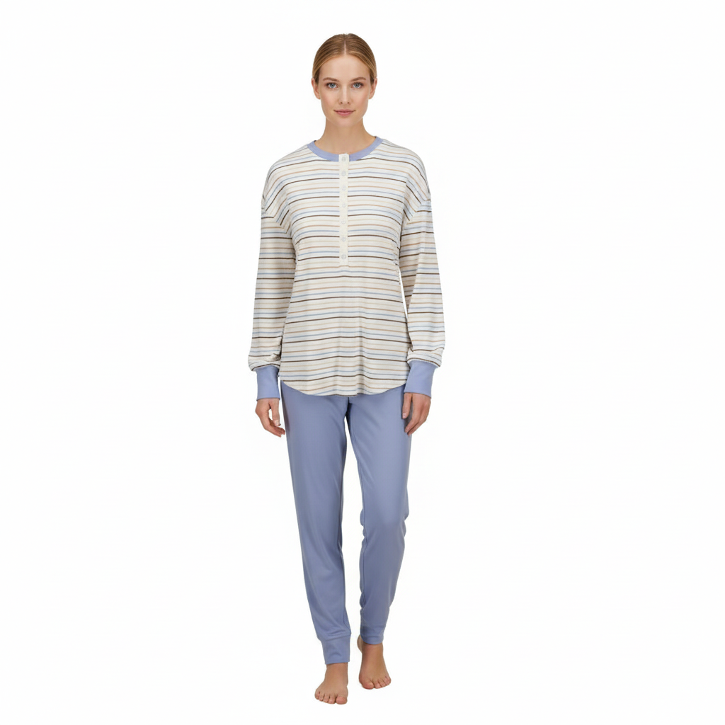 Ringella warme pyjama met knoopsluiting en boorden - 6511233 - Cream gestreept