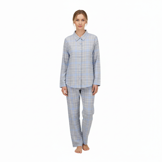 Ringella flannellen pyjama doorknoop - 6517239 - Licht blauw geruit