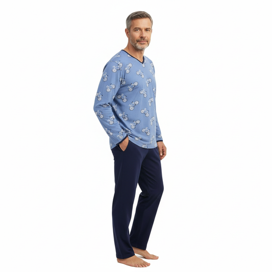 Heren pyjama V hals fiets patroon - 6541201 - Groen