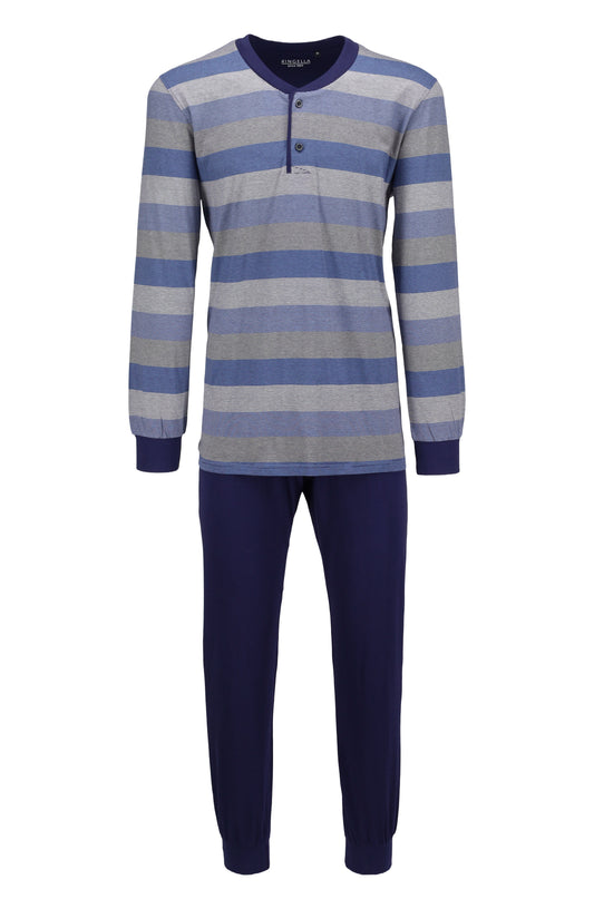 Ringella Heren pyjama met boorden en knoopsluiting gestreept - 6541205 - Blauw