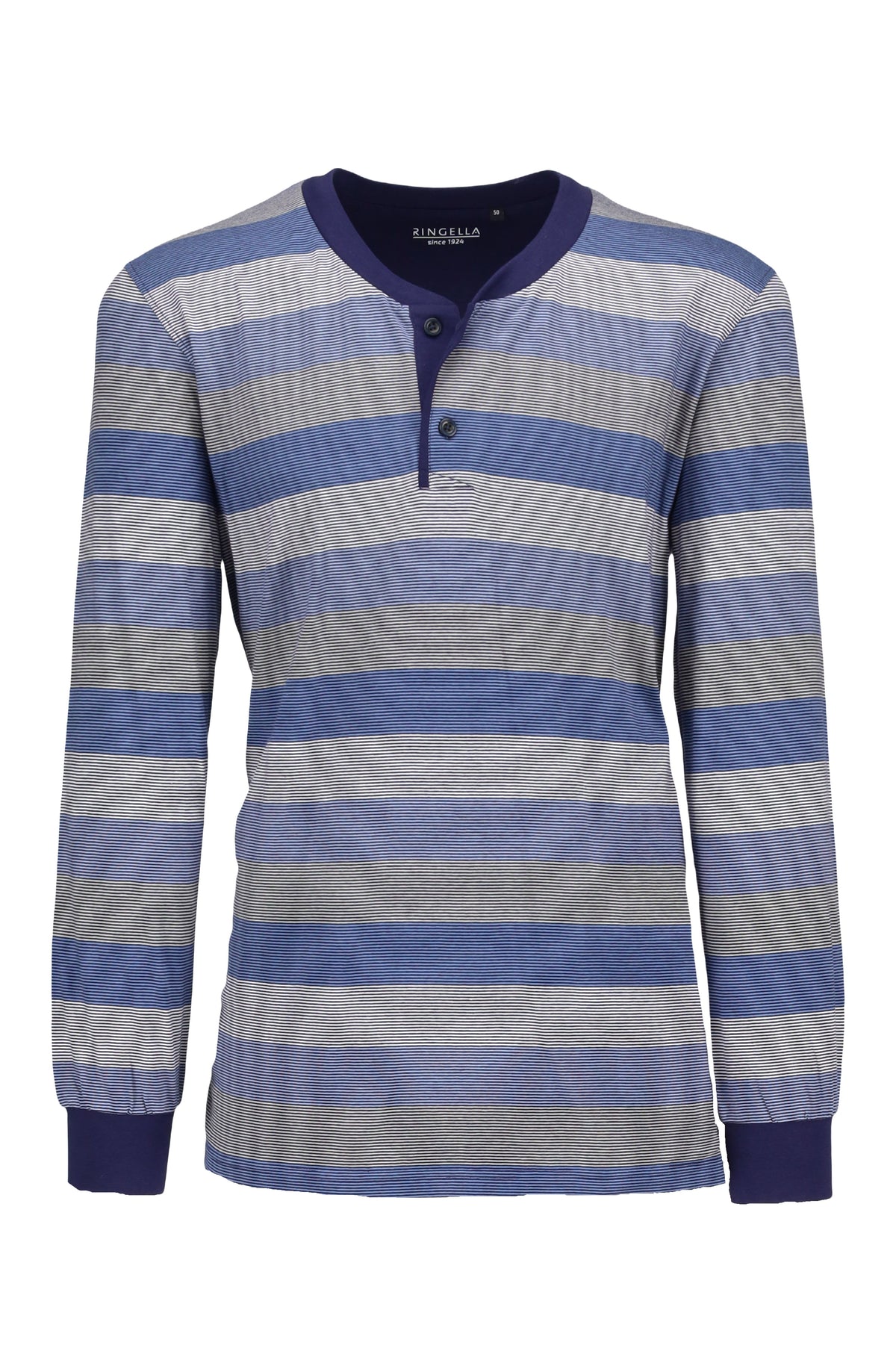 Ringella Heren pyjama met boorden en knoopsluiting gestreept - 6541205 - Blauw