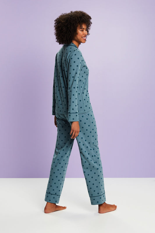 Esprit Pyjama katoen doorknoop met kraag - 103ER1Y314 - Teal Blue