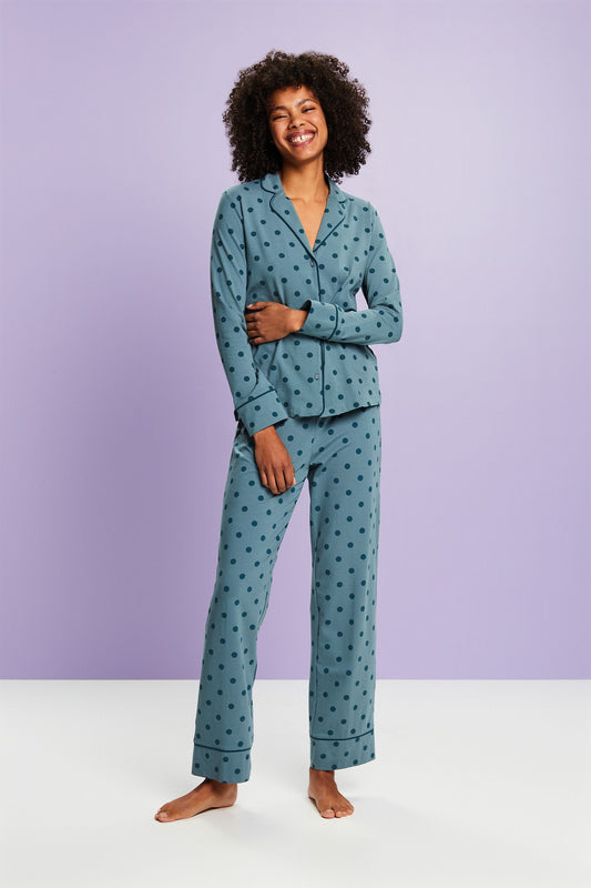 Esprit Pyjama katoen doorknoop met kraag - 103ER1Y314 - Teal Blue