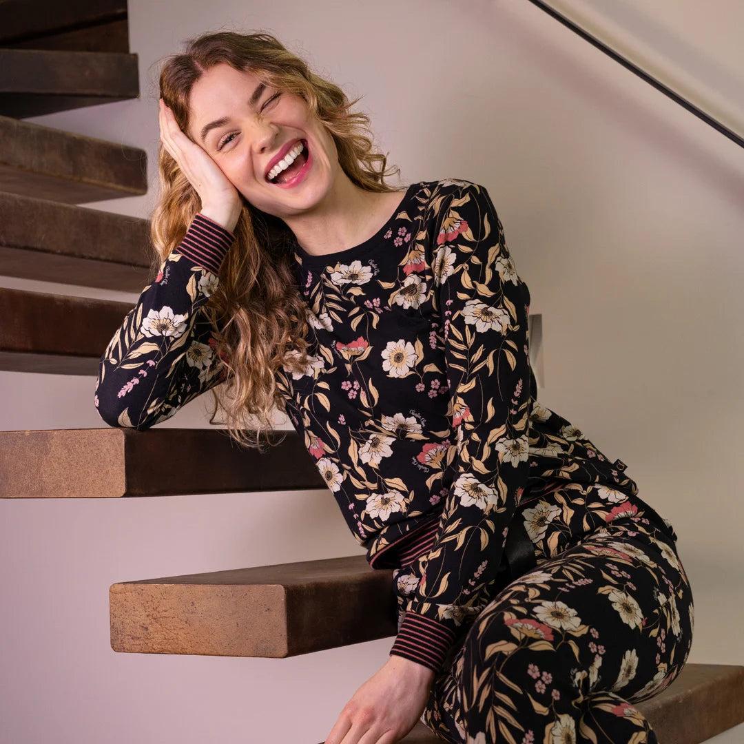 Charlie Choe Dames Pyjama Shirt Pullover - M61101-38 - Zwart Bloemen