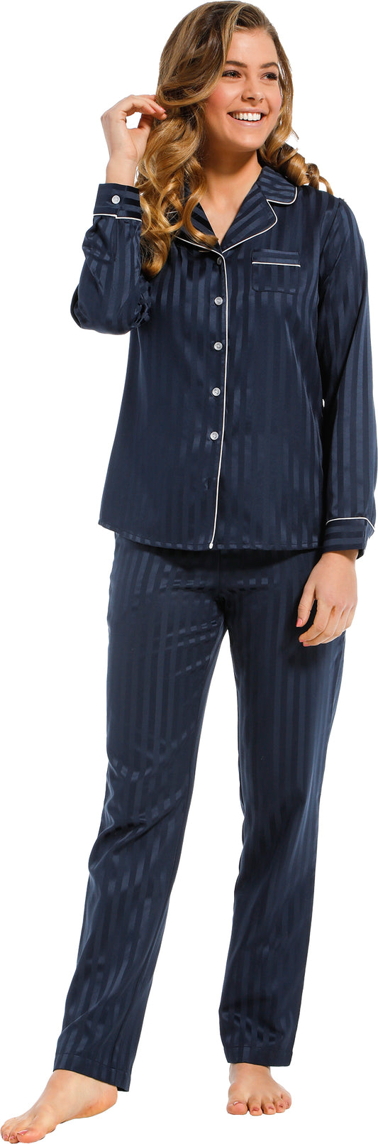 Pastunette de luxe Satijnen Pyjama doorknoop - 25212-310-6 - donkerblauw