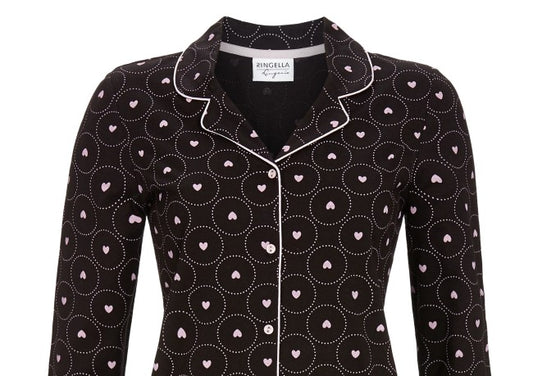Ringella lingerie Doorknoop Nachthemd met kraag - 2561012 - zwart roze hartjes